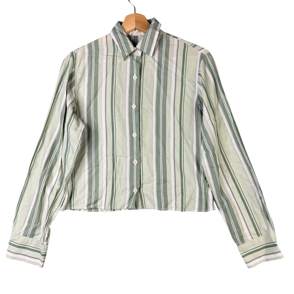 Djerf Avenue Green Striped Breezy Shirt Cropped Long Sleeve Button Up Size M